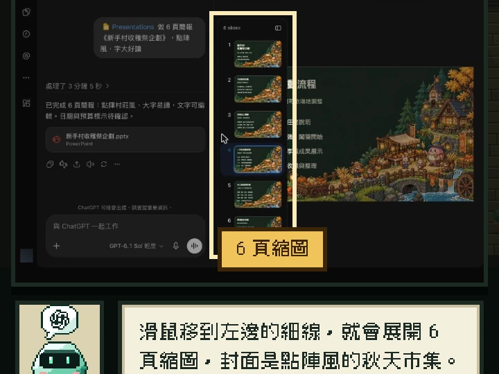 遊戲裡的實戰教學：ChatGPT 的真實畫面上，金色的框框住「6 頁縮圖」，游標指著要點的地方，下面是對話框