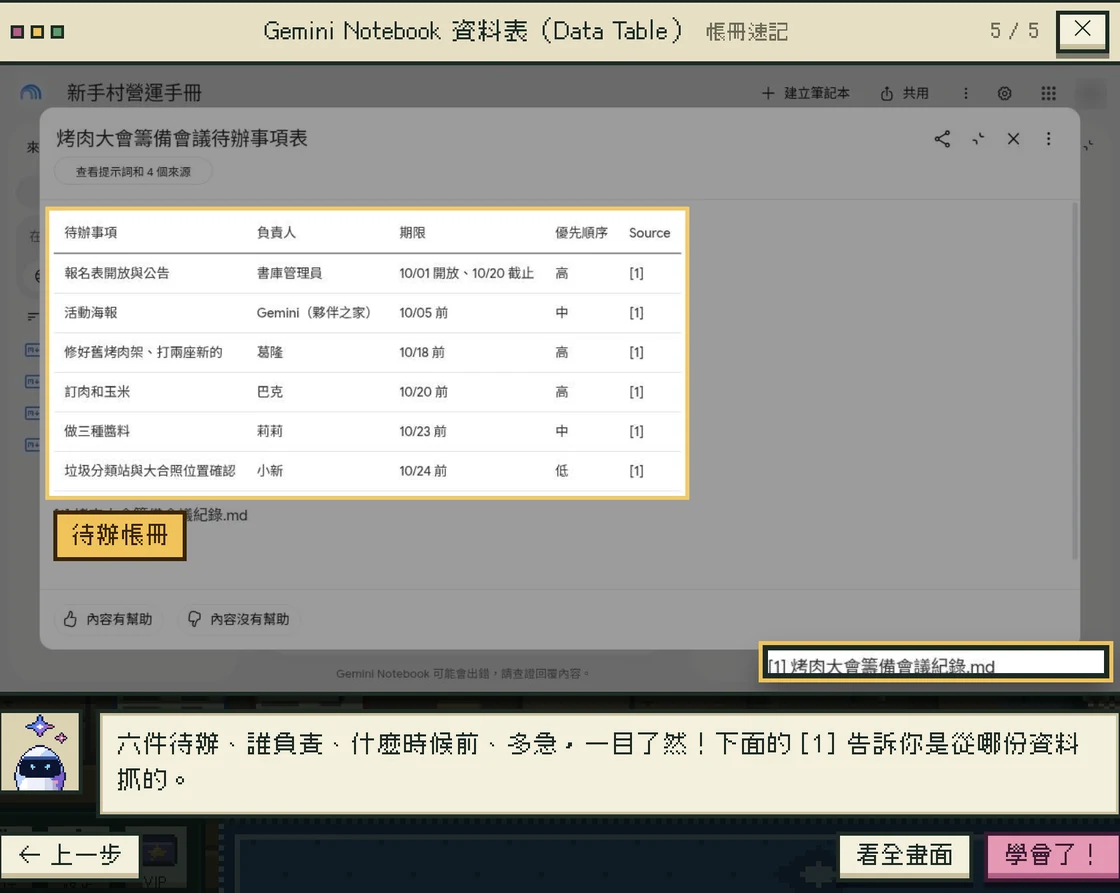 遊戲裡的實戰教學：照著 Gemini Notebook 的真實畫面，把會議記錄整理成待辦表